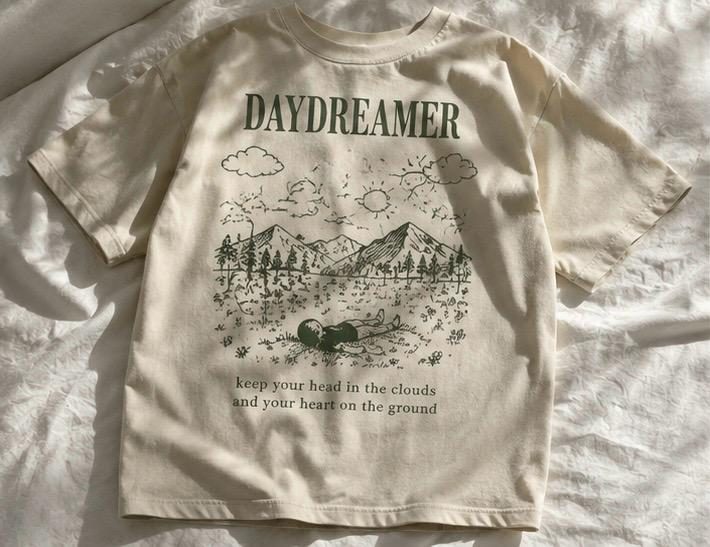 Daydreamer Tee — back graphic: hand-drawn mountain scene with figure in meadow