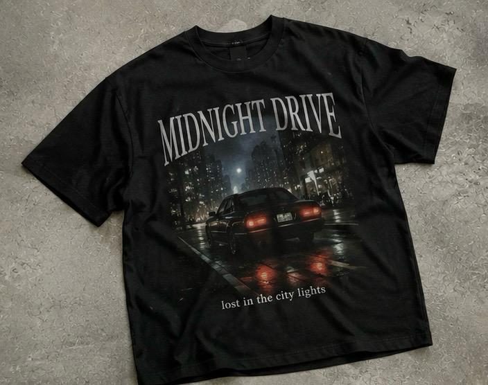 Midnight Drive Tee — washed black heavyweight tee with city-night photo print